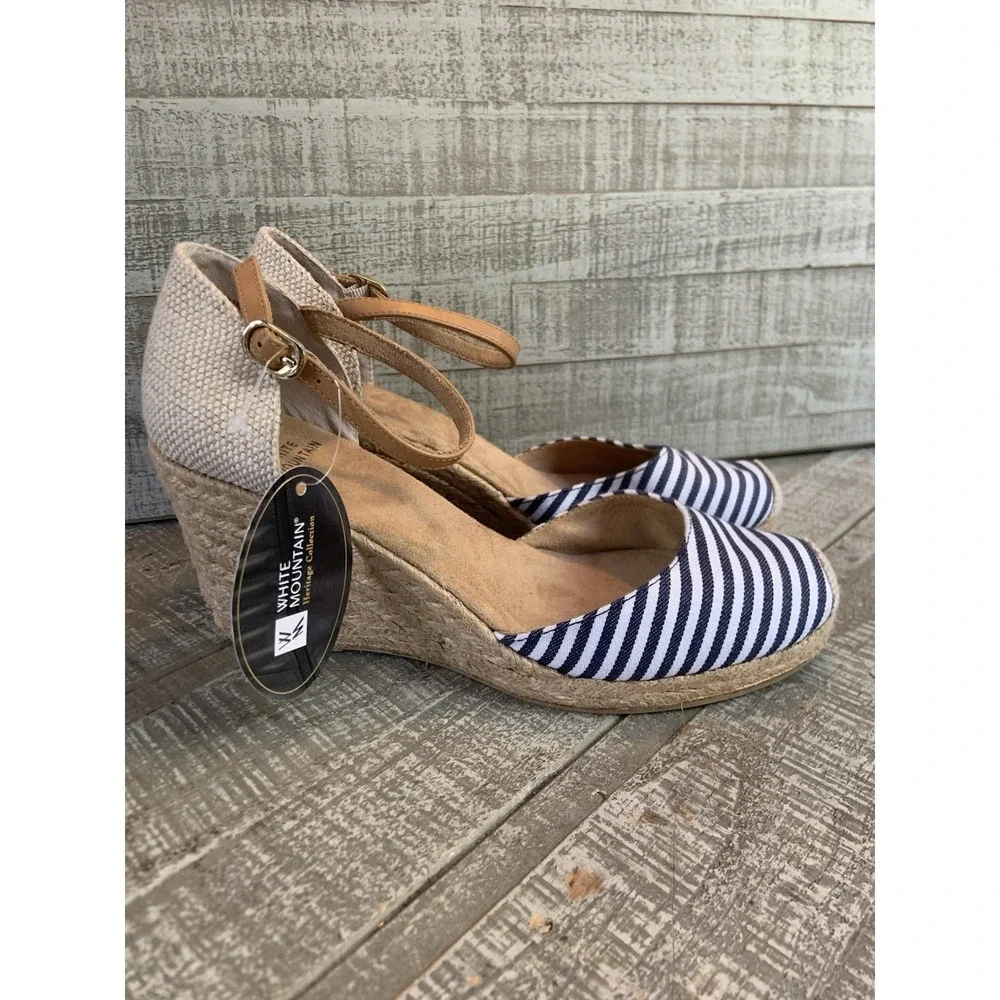 White Mountain Mamba Striped Navy Espadrille Wedge Sandals Tan Straps Size 9 NWT
